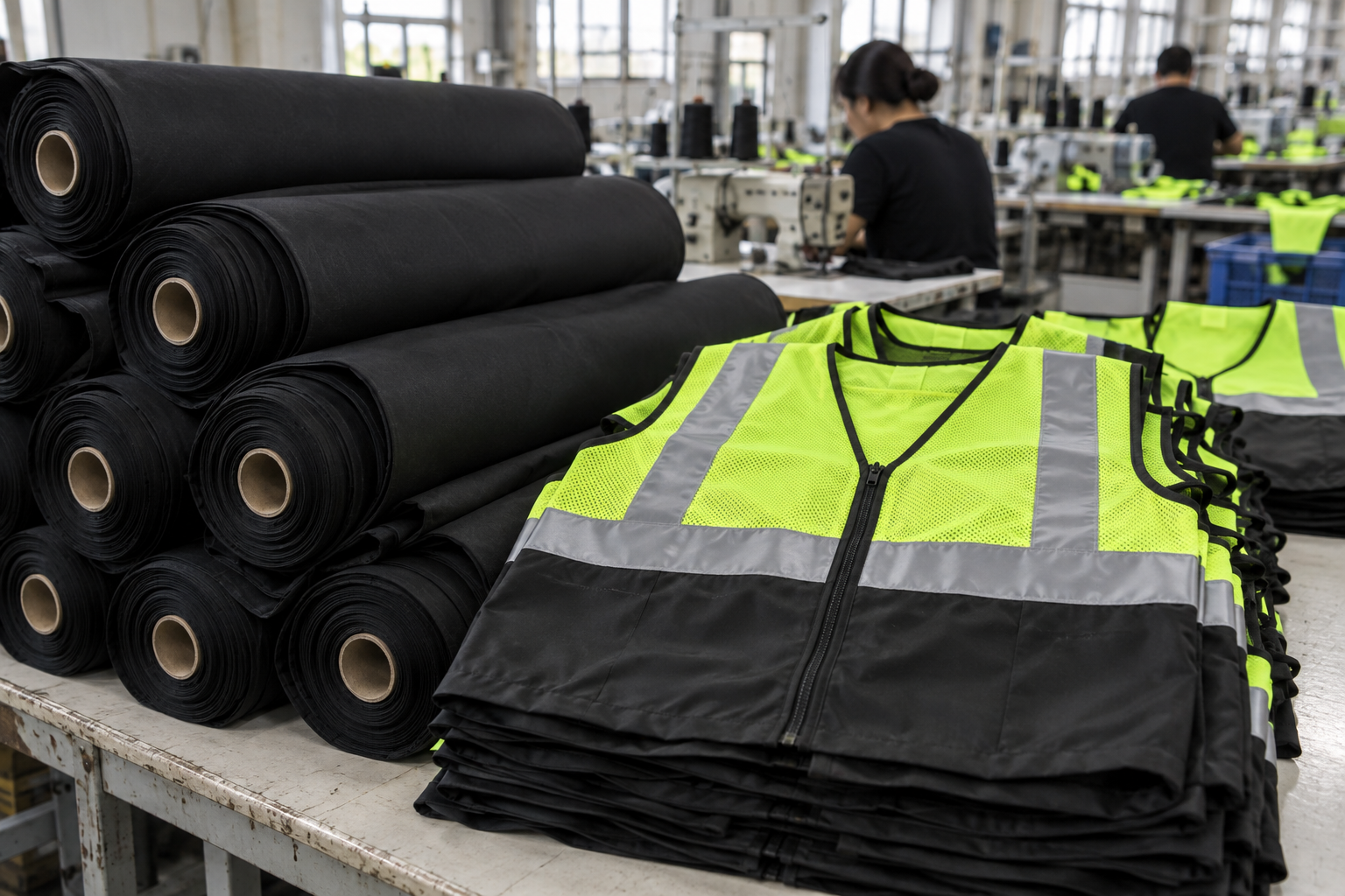 AI-generated illustration of black-bottom vest materials in a workshop; it is not a measured product specification.