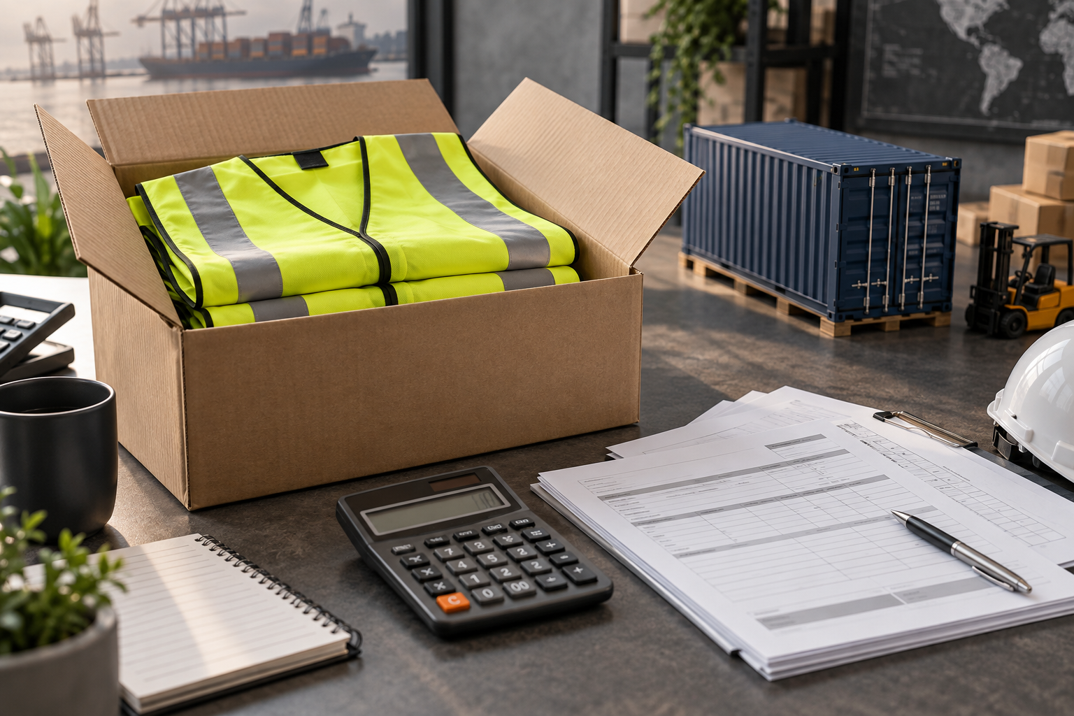 Illustration of workwear export packing, shipping documents and landed-cost planning.