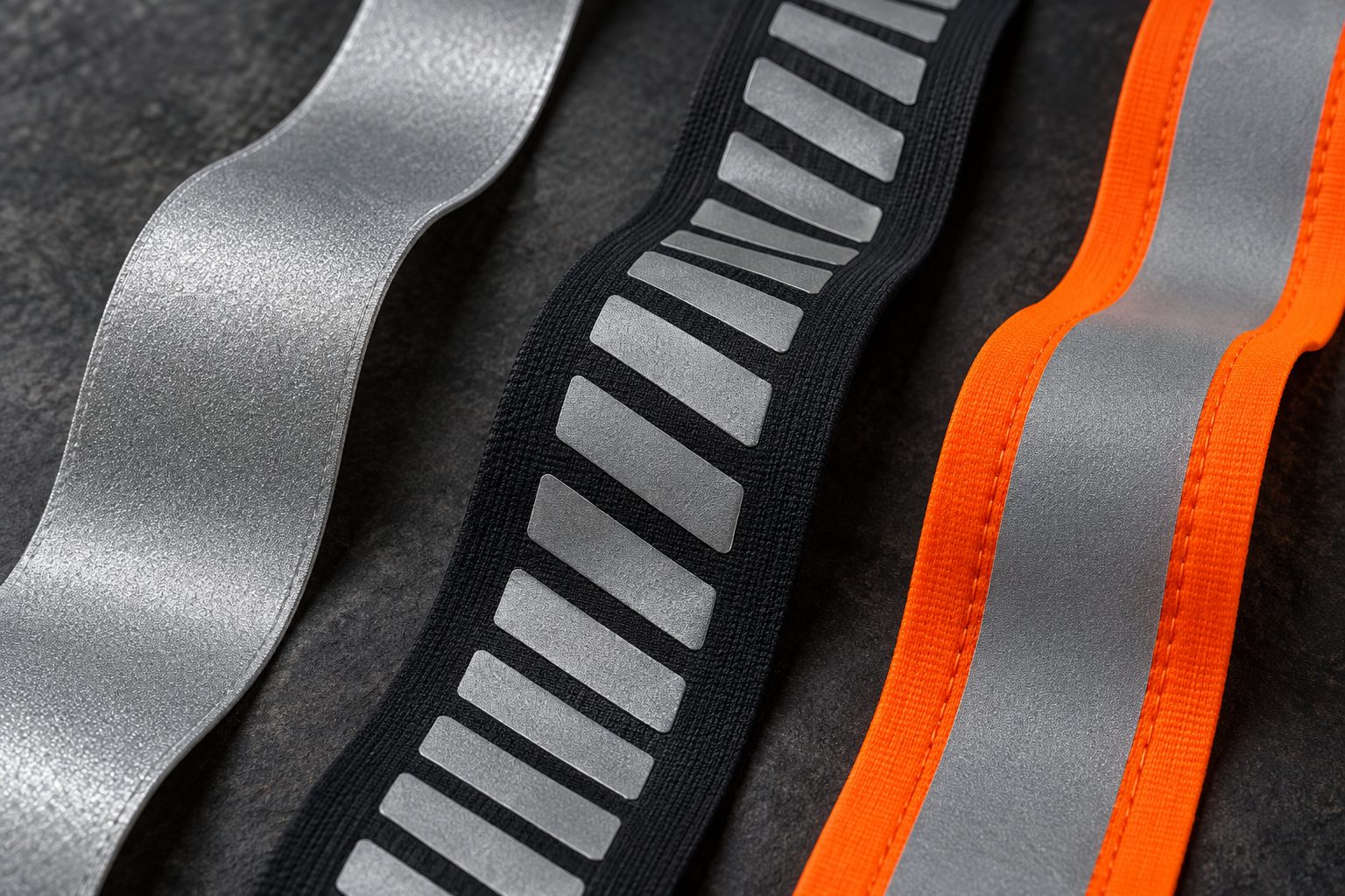 Illustration of continuous, segmented and contrast-backed reflective tape formats.