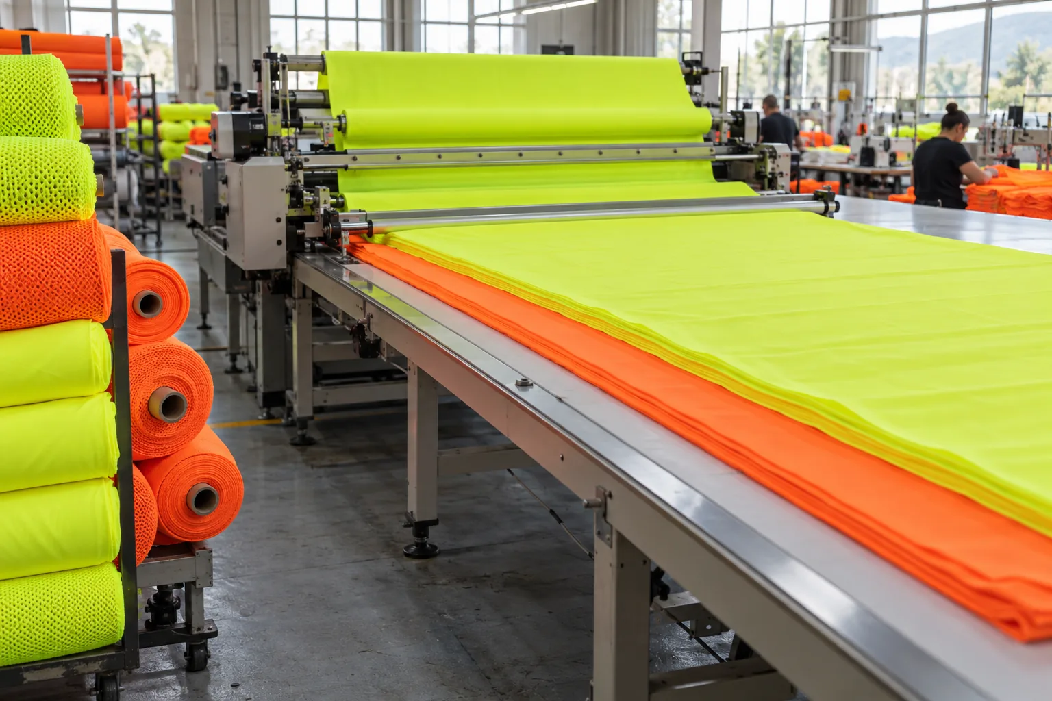 AI-generated illustration of hi-vis base fabric spreading and mesh roll storage in a workwear factory; it is not a measured product specification.