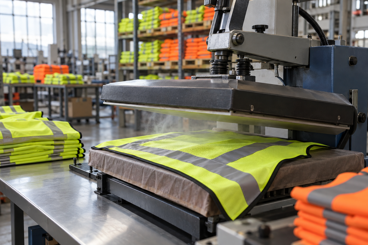 AI-generated illustration of stock vest storage and a heat transfer press; it is not a measured product specification.