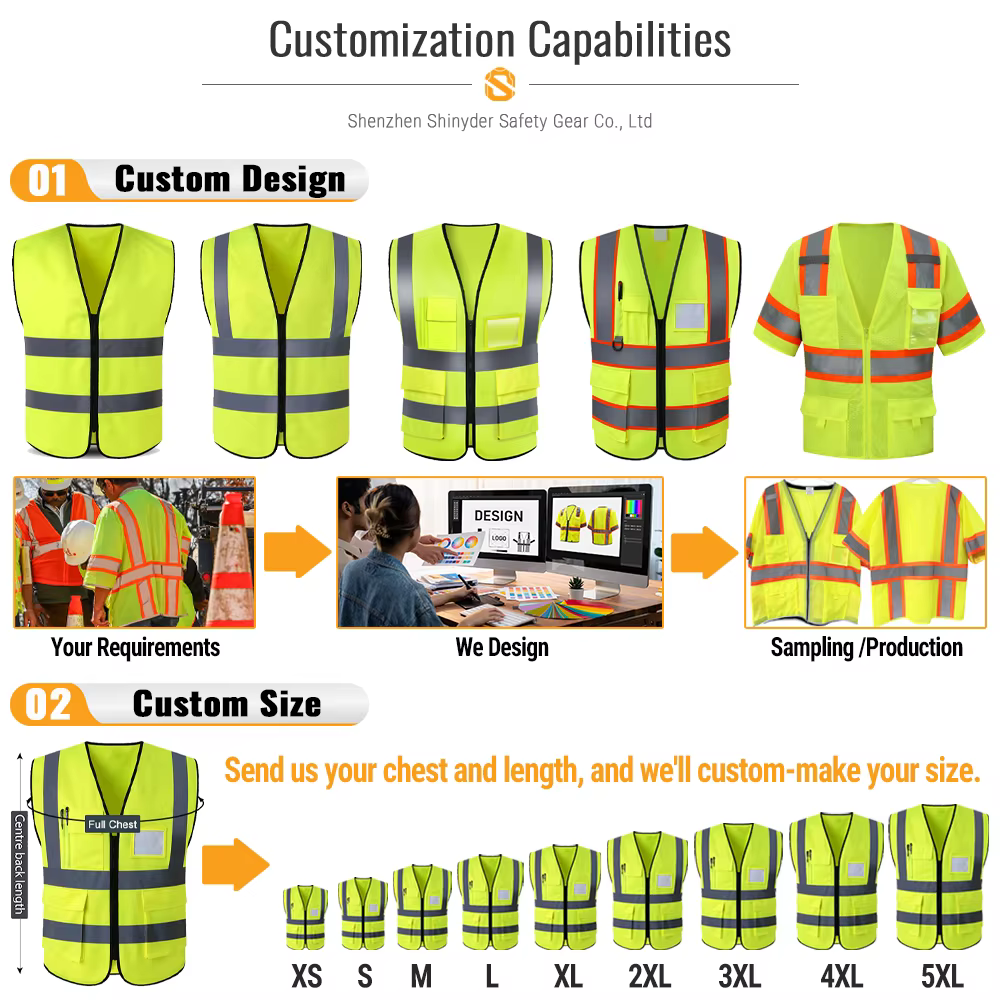 Custom safety vest design workflow and size options from XS to 5XL