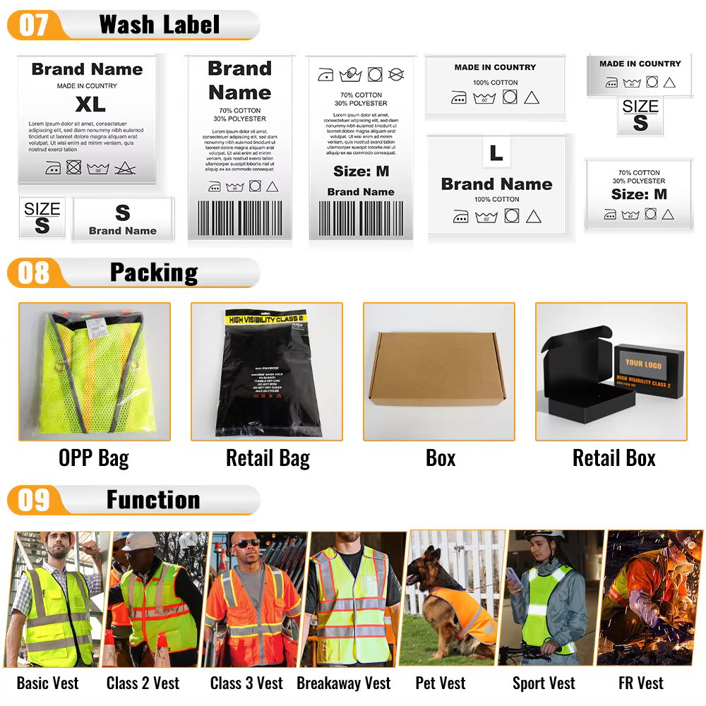 Custom wash labels export packing options and safety vest applications
