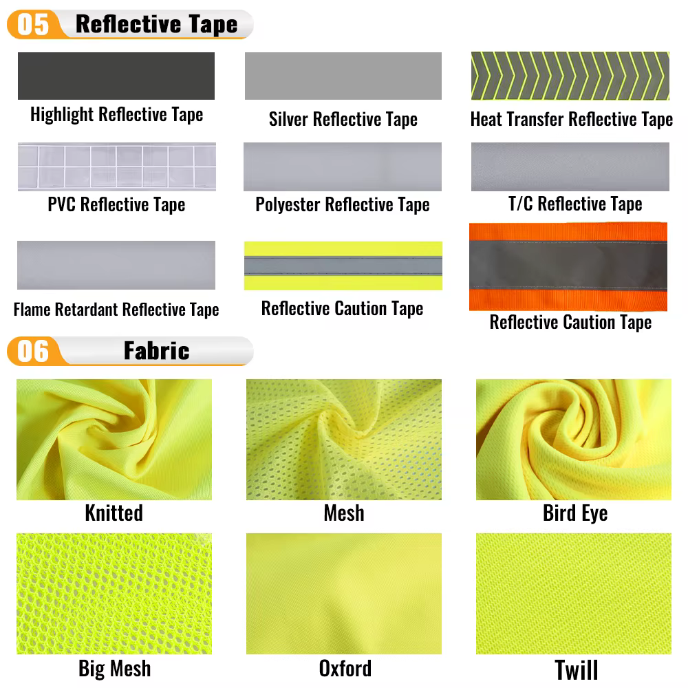 Reflective tape types and high visibility fabric options including mesh Oxford and bird eye