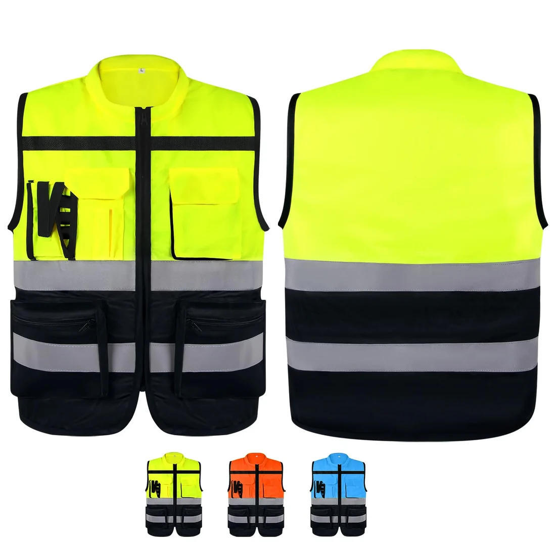 High visibility vest pocket closure and color construction options