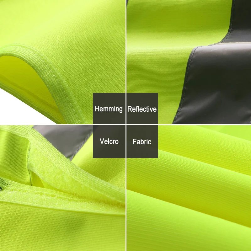 Close-up views of high visibility fabric reflective tape hem and closure details