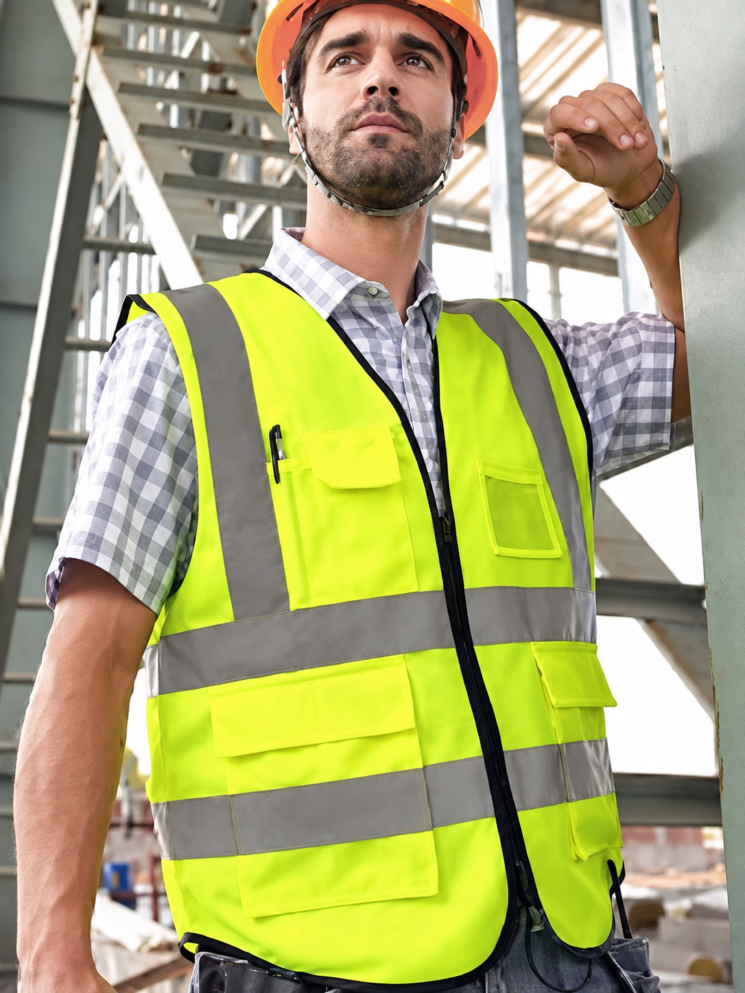 Worker wearing a yellow reflective safety vest