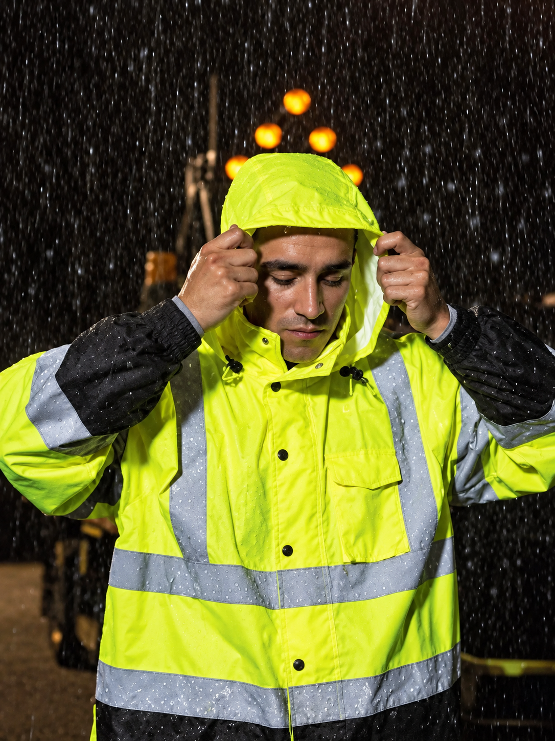 Worker wearing reflective safety rainwear in heavy rain