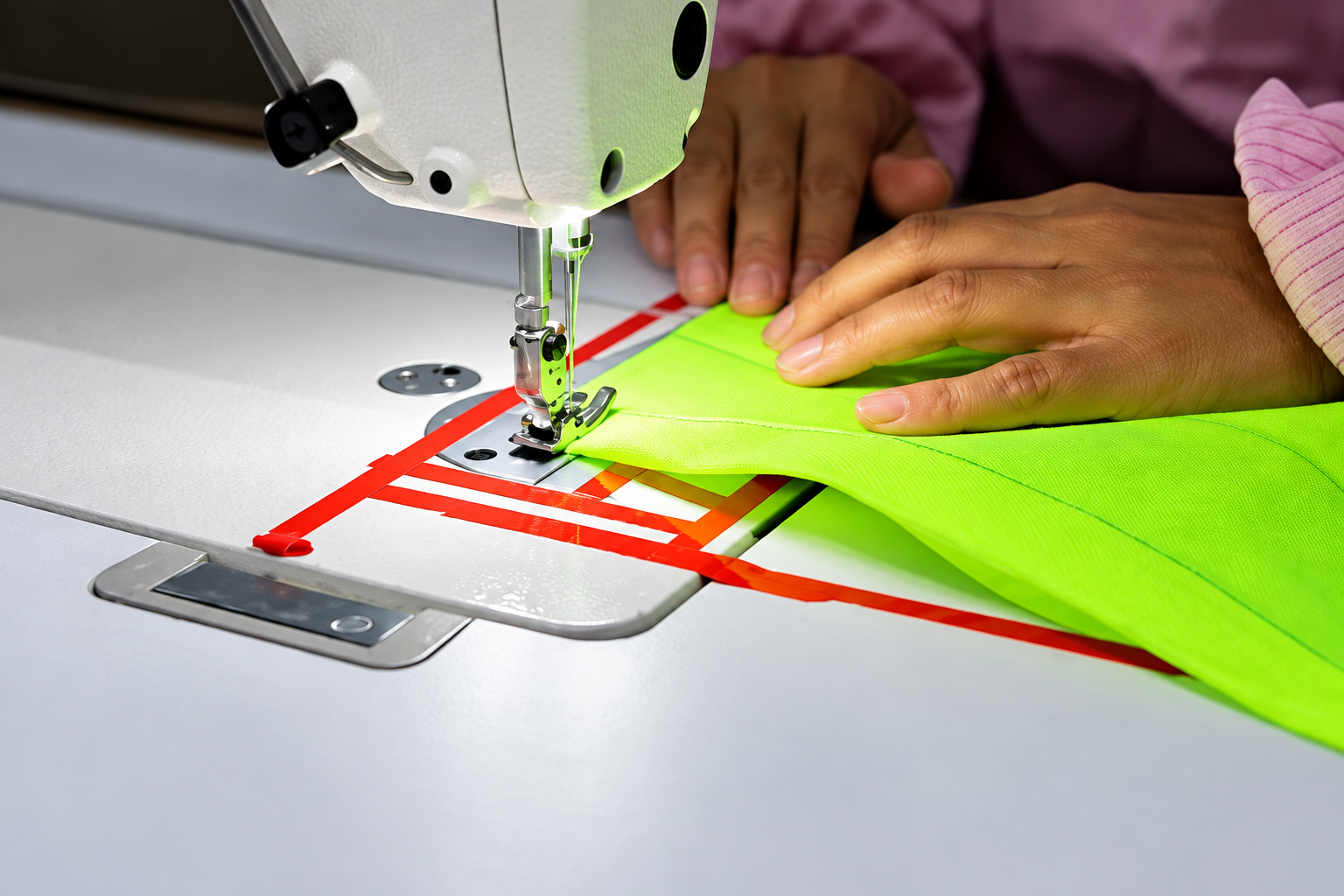 Edge binding being sewn onto fluorescent safety garment fabric