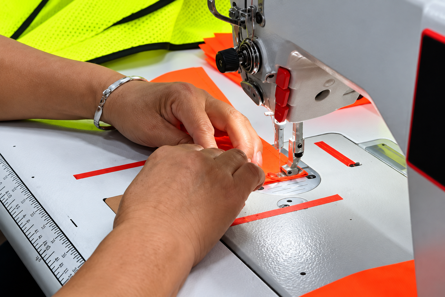Reflective tape being sewn onto fluorescent workwear fabric