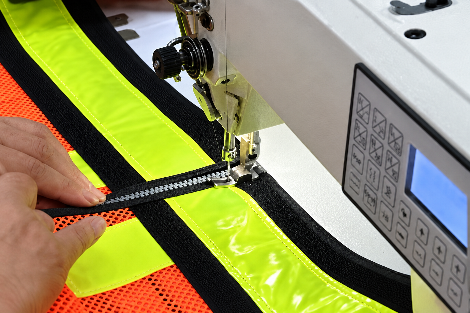 Industrial sewing machine attaching a zipper to high visibility workwear