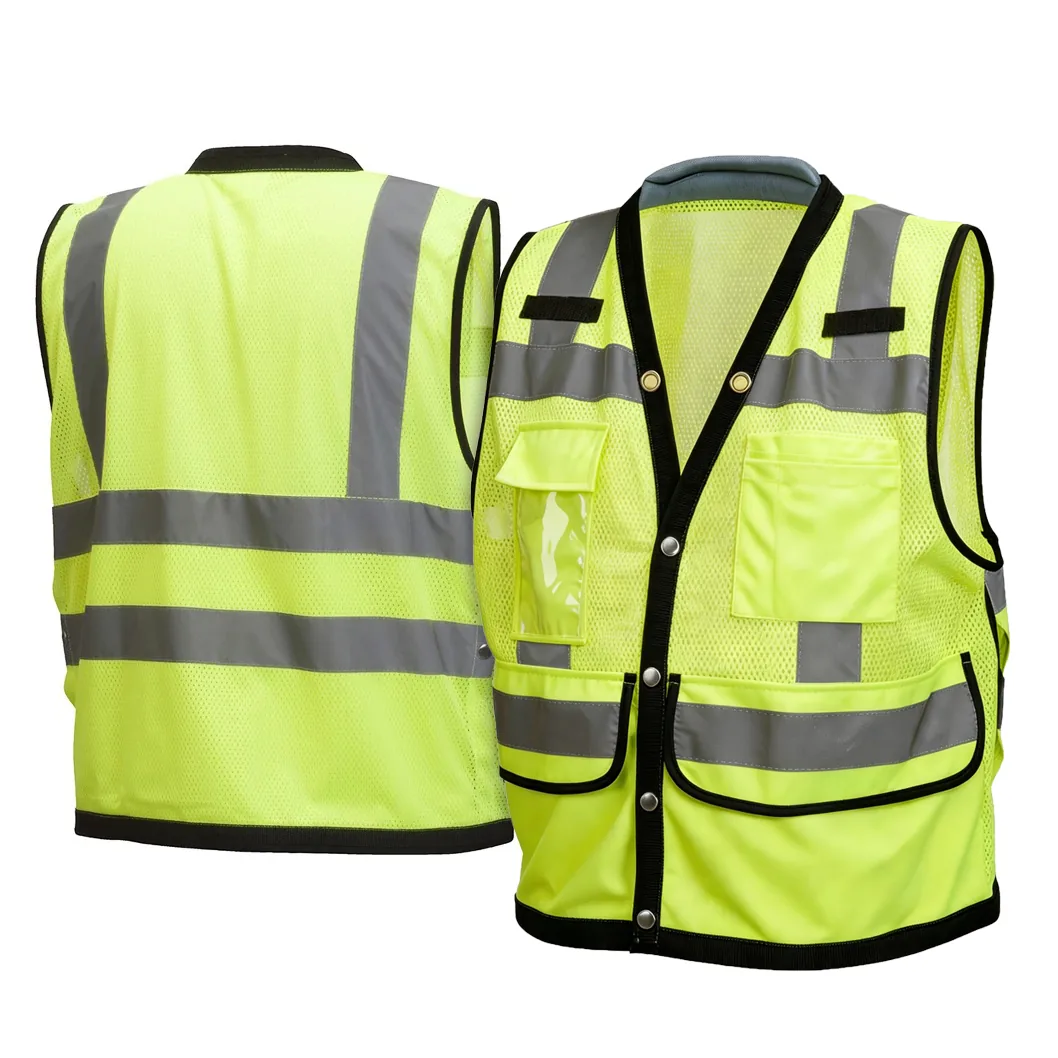 Neon Yellow Safety Vest with Pockets for Road Maintenance ANSI
