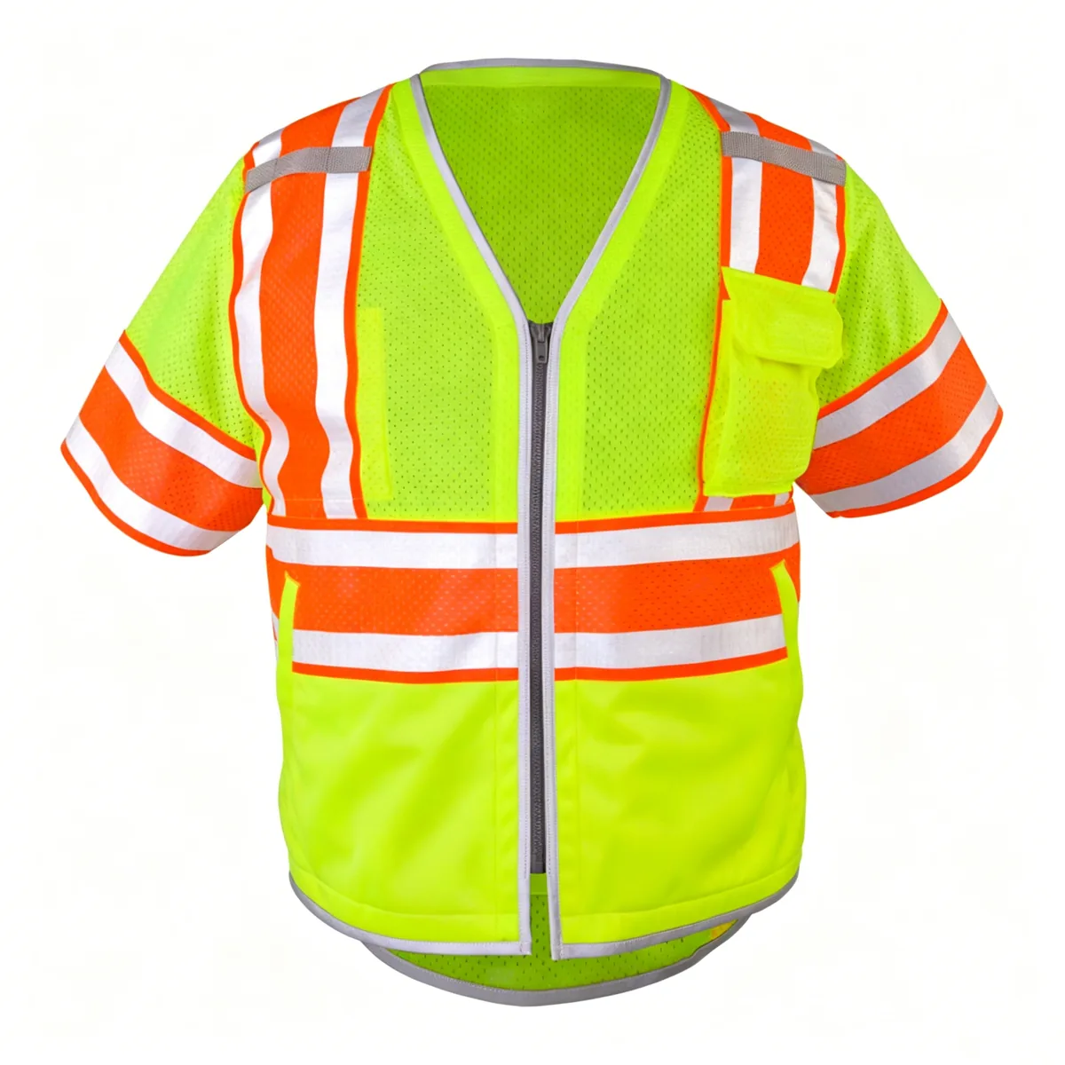 Premium Short Sleeve Safety Vest with Orange Reflective Strips ANSI