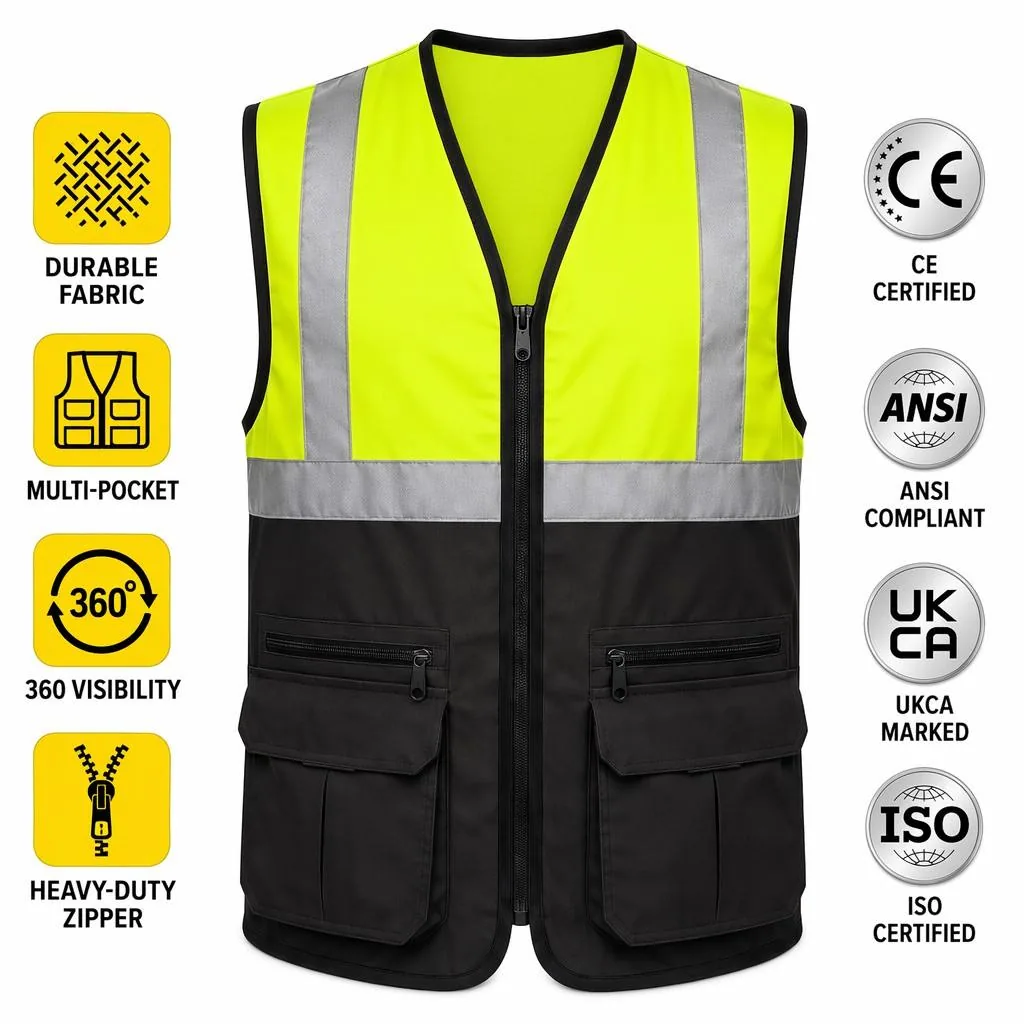 Safety Vest Reflective with Pockets and Zipper Hi-Vis ANSI Class
