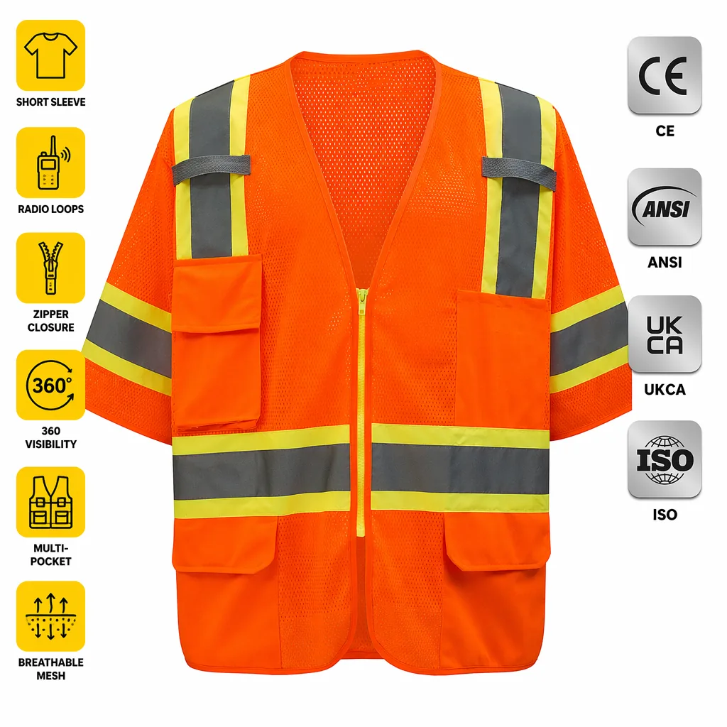 Short Sleeve Hi-Vis Safety Vest With Pockets ANSI Class 3